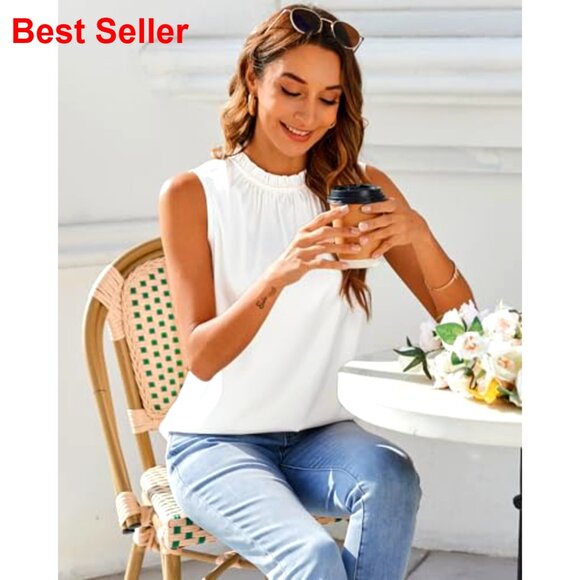 Silk Satin Tank Top Ruffle Neck Business Casual Sleeveless Blouse - Picture 4 of 7